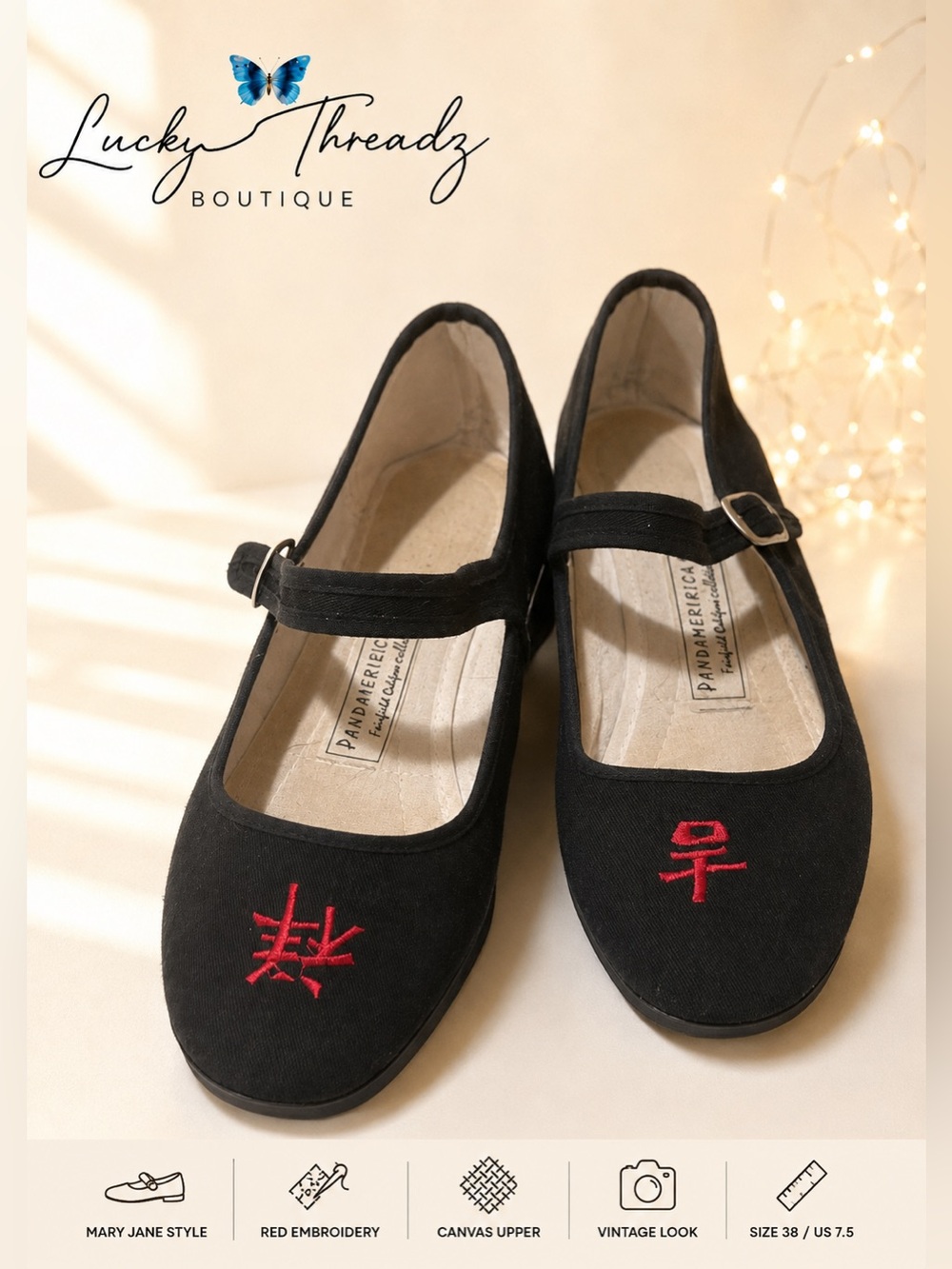 Pandamerica Vintage Black Canvas Chinese Mary Jane Flats Embroidery Size 38 7.5